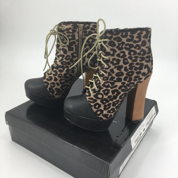 C Label Artie Leopard LaceUp High Heel Ankle Boots - Picture 1 of 7
